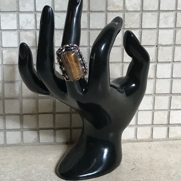 LG TIGERS EYE GEMSTONE RING STERLING SILVER OVERLAY 925 Size 8 - Picture 1 of 10